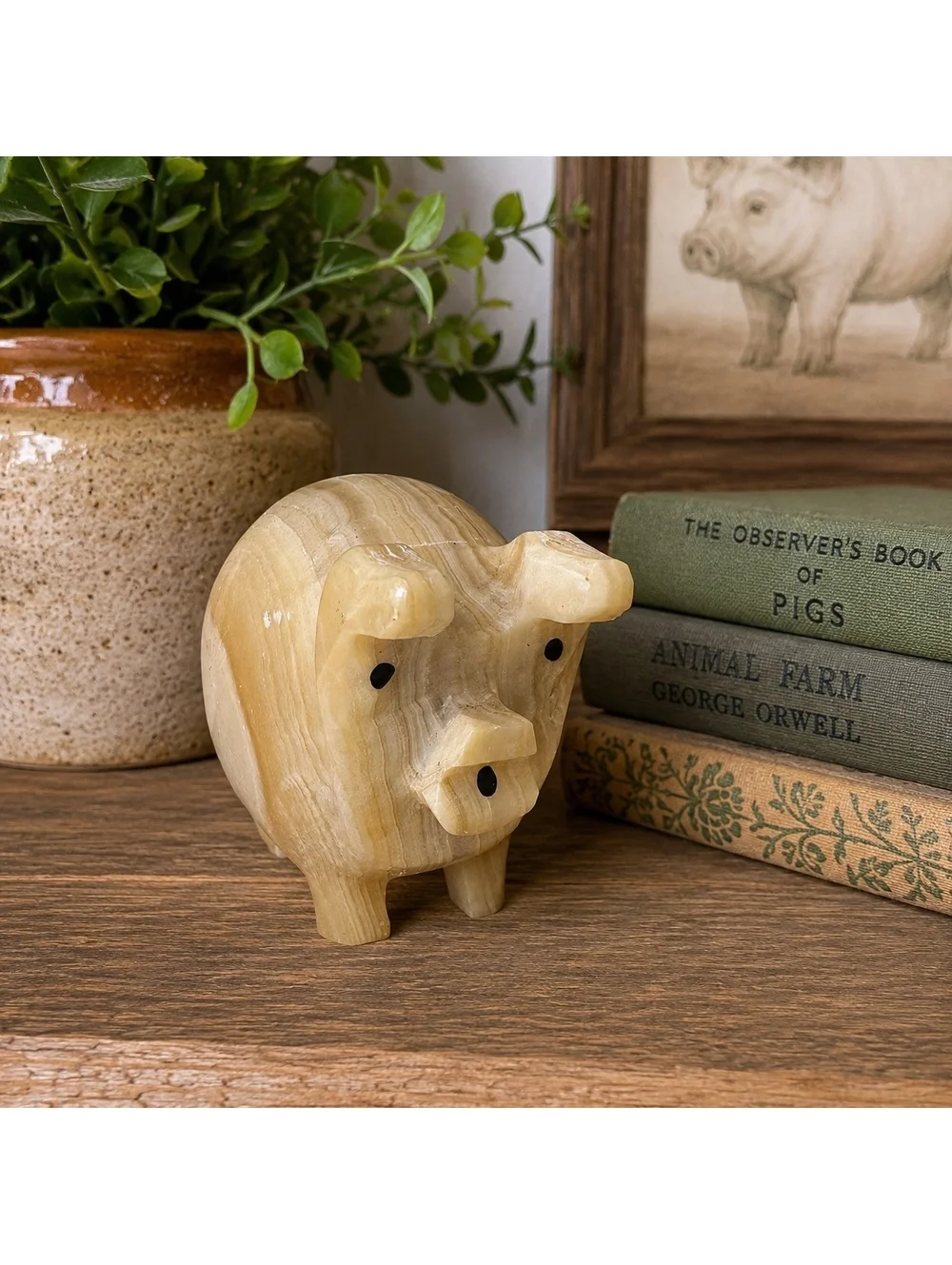 Carved Stone Pig Figurine Solid Beige Marble Look Farm Animal Decor